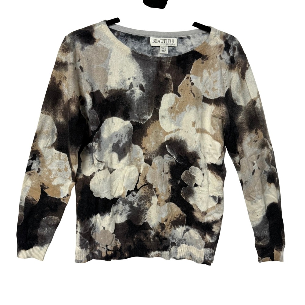 Beautiful by Lawrence Zarian Floral Abstract Crewneck Sweater Black Cream XXS